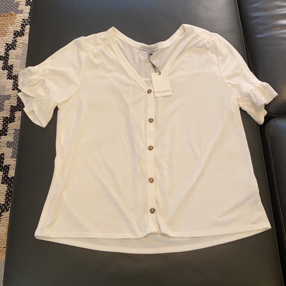 Green Envelope White Button Up Tshirt with Butterfly Sleeves - Size Large